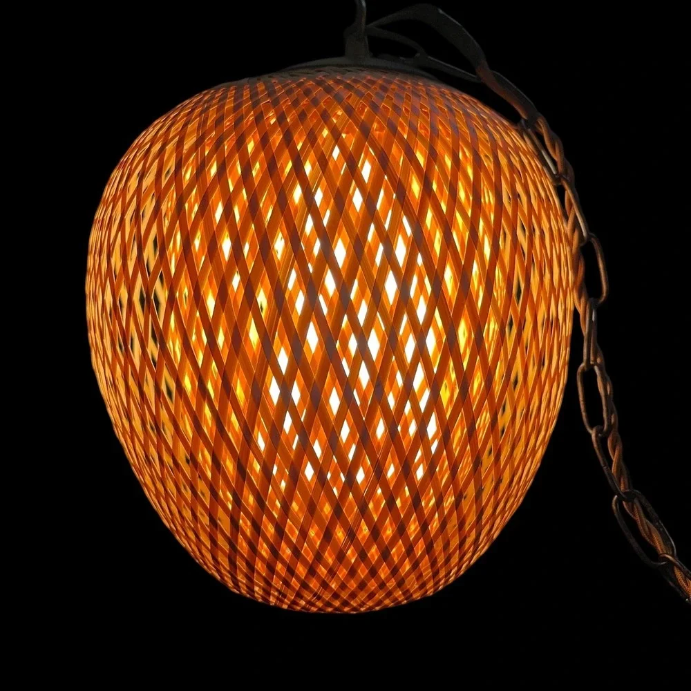Vintage Woven Bamboo Swag Pendant Light MCM Boho Teardrop Hanging Lamp plug in